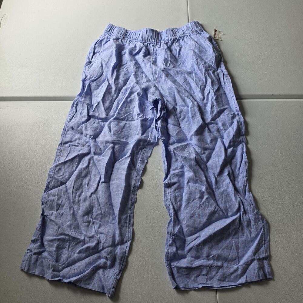 Tahari Pants Womens L Blue Linen Wide Leg Crop Elastic Waist Pull On Casual